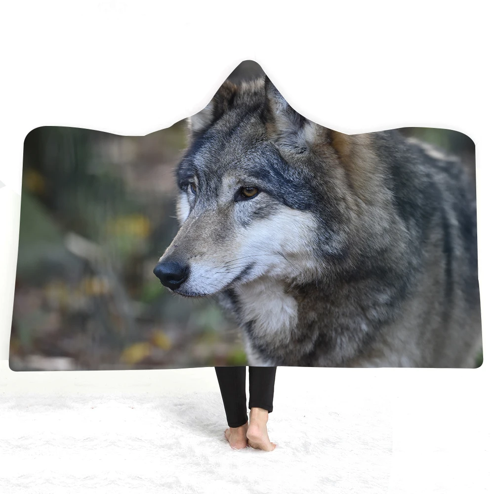 

3d Animal Printed Cat Tiger Wolf Hooded Blanket For Adults Kids Warm Wearable Fleece Woman Throw Blanket Microfiber On The Sofa
