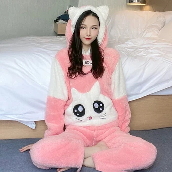 

Women Pajama Sets Autumn Winter Flannel Cartoon Warm Pyjamas Animal Sleepwear Cat Cute Female Pajama Women Homewear
