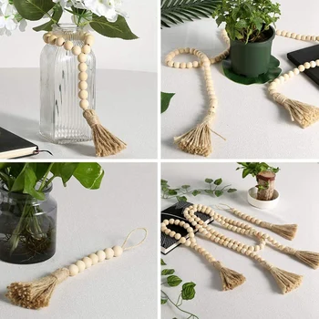 

3 Pieces Wood Bead Garland with Tassels Rustic Prayer Beads for Farmhouse Wall Hanging Home Decoration