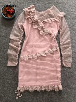 

Pink Party Sexy Dresses 2020 Spring Summer Women V-Neck Polka Dot Print Ruffle Lace Patchwork Long Sleeve Bodycon Dress Mini