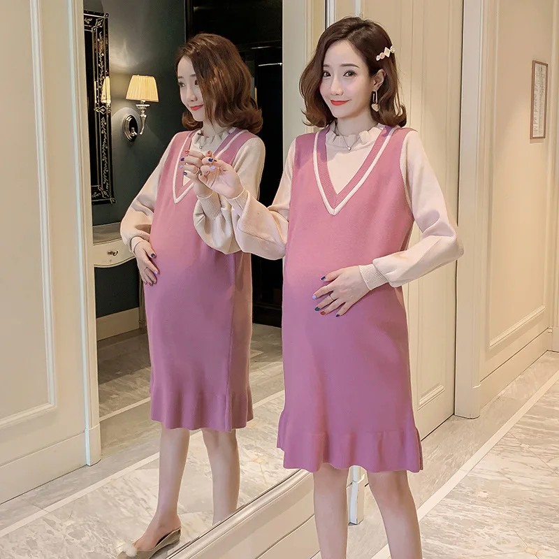 

Autumn And Winter Pregnant Women Dress Pregnant Women Sweater Pregnant WOMEN'S Knitting Dress Fake Two-Piece Loose-Fit Net Red S