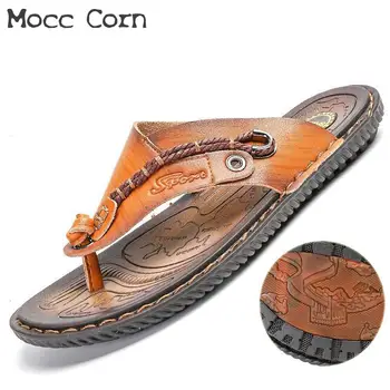 

Summer Non Slip Beach Slippers Male Leather Flip Flops Men Sandals High Quality Mens Shoes Casual Flip-flops Fashion Slides Blue