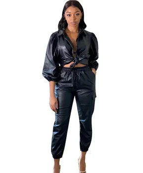 

Autumn Winter Women Two Piece Set Top and Pants Plus Size Tracksuit Sweatsuit Outfit Casual PU Leather Sexy Sets
