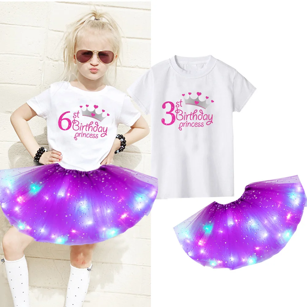 

Girls Letter Short Sleeve T-shirt+luminous Skirt+hairpin Sets Personalized A Birthday Present Personalized Customization Dress