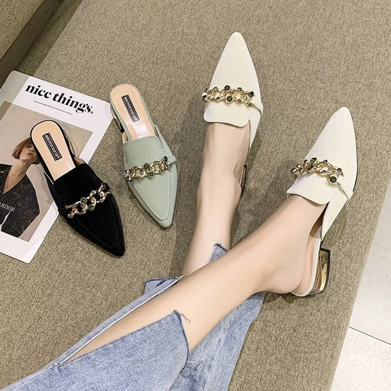 New Slippers Mules Pointed Toe Mules Women Shoes Rivets Women