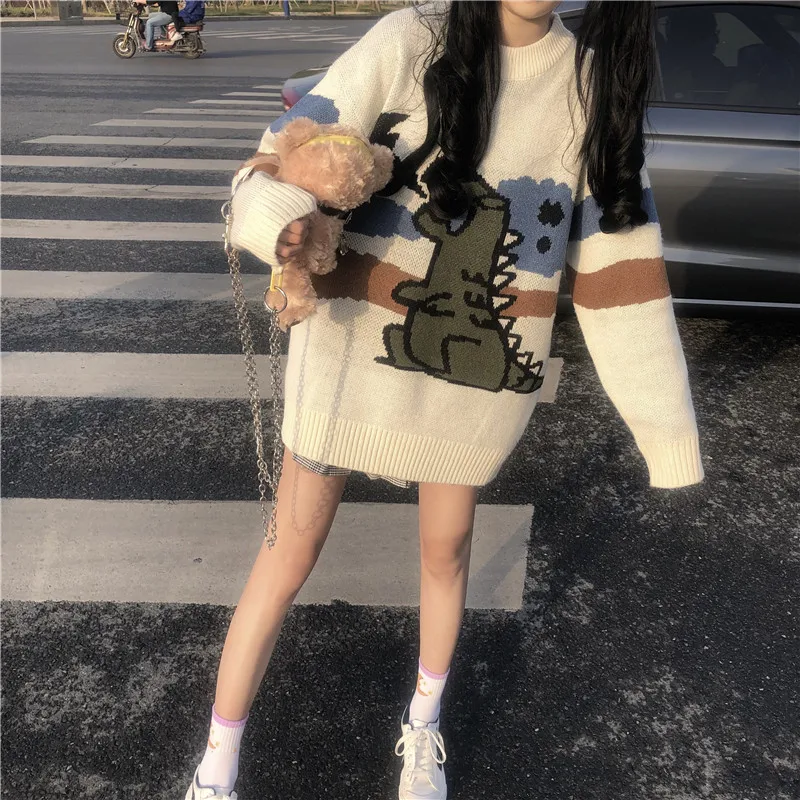 Japanese Loose Sweater Female Autumn Winter Wear Dinosaur Jacquard College Style Round neck Medium and long section Tops | Женская