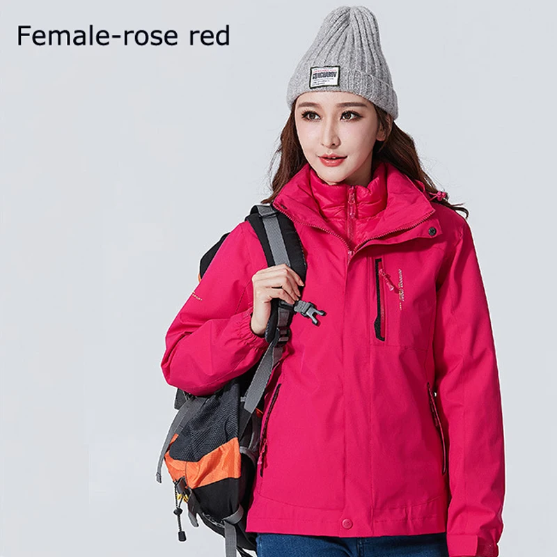 WomenRose red Новинка, зимняя мужская и женская ветровка 3 в 1, уличная походная куртка, флисовая куртка для кемпинга, куртка для велоспорта, спортивная куртка с капюшоном - Цвет: WomenRose red