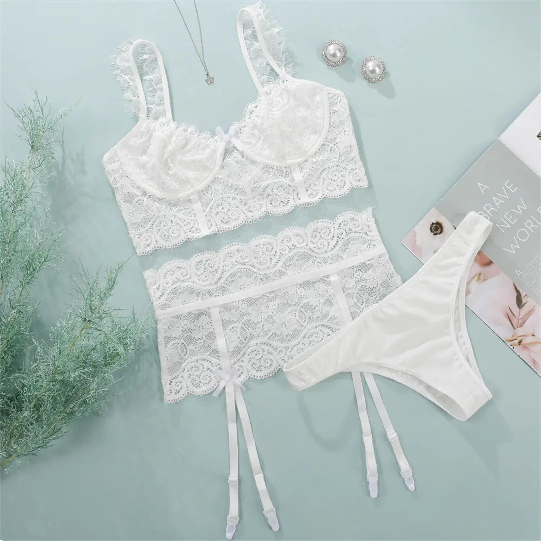 Sexy Lingerie Lace Bra Set Underwear Set Transparent Lingerie Set White Female 3 Piece Lingerie Set Underwear for Women LNE176 ethika set