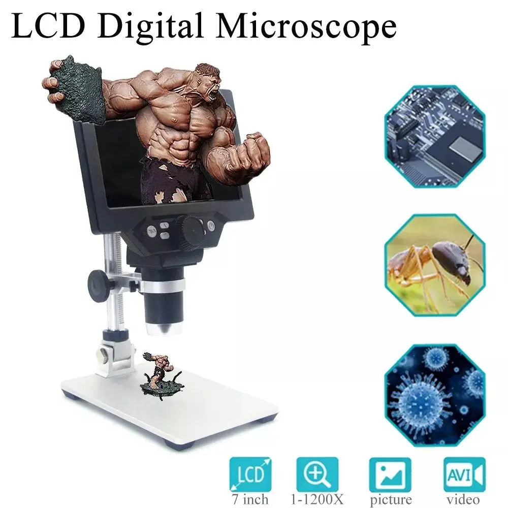 MUSTOOL G1200 Digital Microscope 12MP 7 Inch Large Color Screen Large Base LCD Display 1-1200X Continuous Amplification Magnifier with Aluminum Alloy Stand Power Supply Version