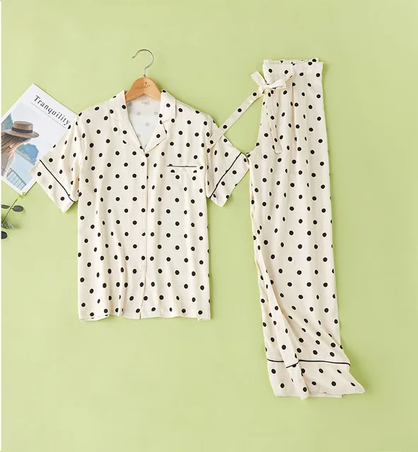 Couple Sleepwear Cotton Viscose Yellow Bottom Polka Dots Printed Women Pajamas Suit Casual Home Clothes Couple Pajamas Set