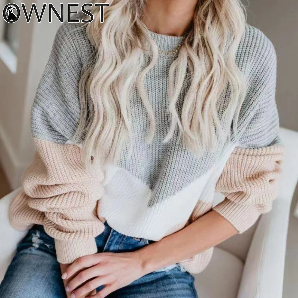 

Autumn Winter Loose Women Knitted Sweater Long Sleeve O-neck Patchwork Pullover Sweater Casual 2020 Color Block Striped Sweater