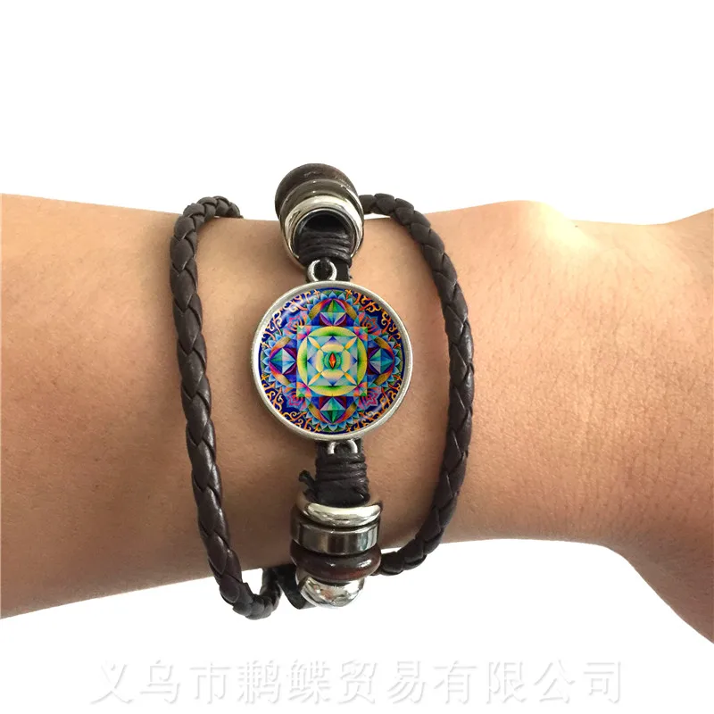 Handmade Om Yaga Symbol Bracelet Buddhism Mandala Glass Cabochon Dome Sacred Geometric Figure Combination Adjustable Bangle | Украшения и