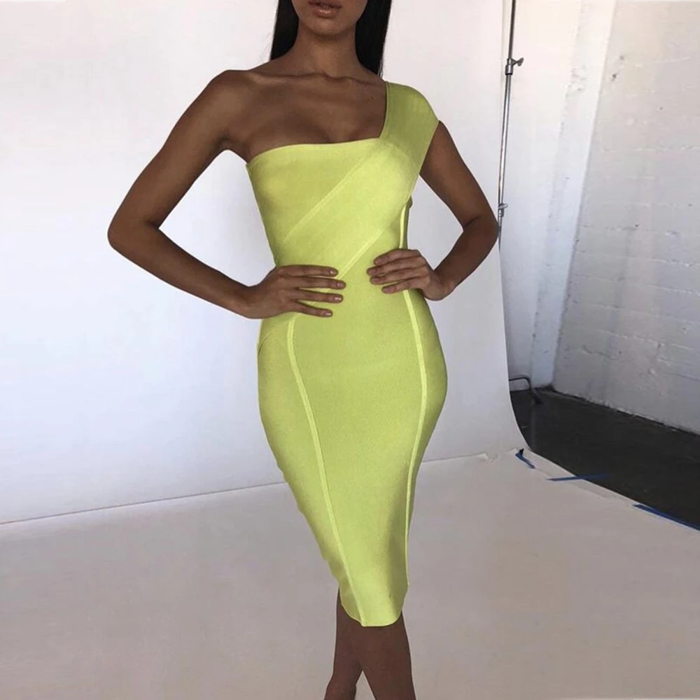 Maketina Summer Women High Quality One Shoulder Bandage Dress Green Sleeveless Bandage Dress Evening Club Party Dress