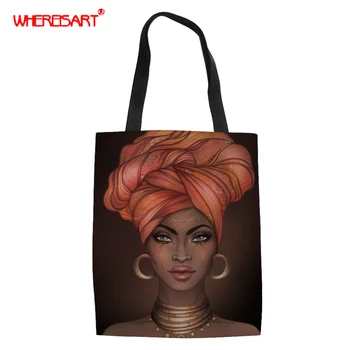

WHEREISART High Capacity Women Tote Ladies Fashion Black Queen African Women Shoulder Bag Foldable Women Shopping Beach Bag tote