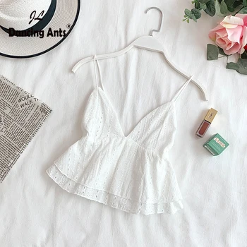 

Woman Vest Sexy Straps Deep V-neck Backless Crop Top For Party Solid Ruffles Elastic Waist Chiffon Female Short Tank Tops