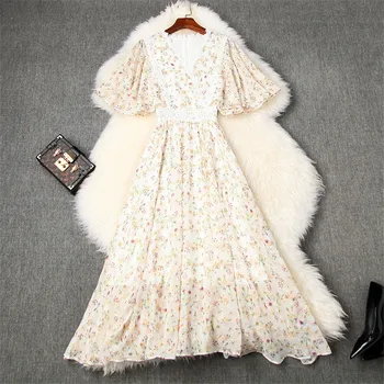 

2020 Fashion Designers Runway Summer Dresses for Women V Neck Butterfly Sleeve Hollow Lace Patchwork Floral Midi Chiffon Dress