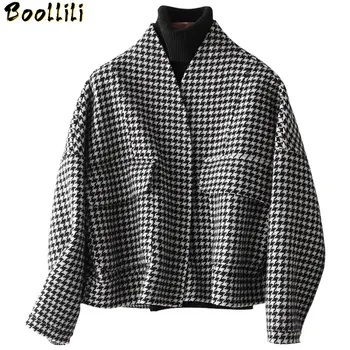 

Boollili 2020 Plaid Wool Coat Women Spring Autumn Short Korean Jacket Houndstooth Ladies Coats and Jackets