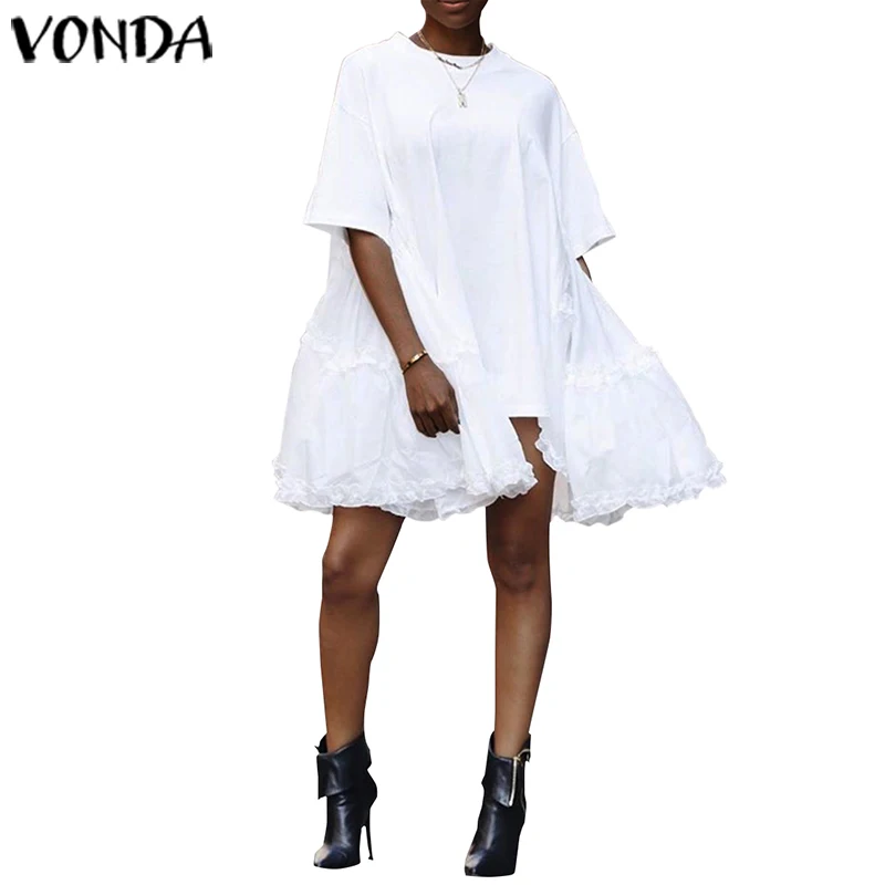 VONDA, женское летнее платье сарафан, модное платье-рубашка с круглым вырезом и длинным рукавом, 5XL, вечерние платья размера плюс, женские туники, сорочка - Цвет: Белый