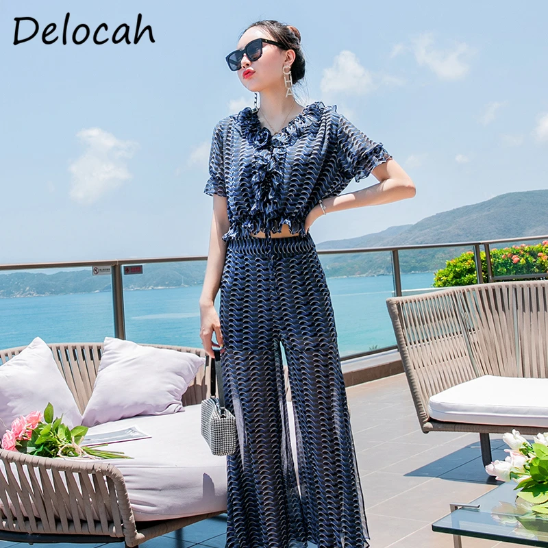 

Delocah Summer Women Fashion Runway Pants Set Short Sleeve Cool Ladies Top + High Waist Wide Leg Long Pants 2 Two Pieces Suits