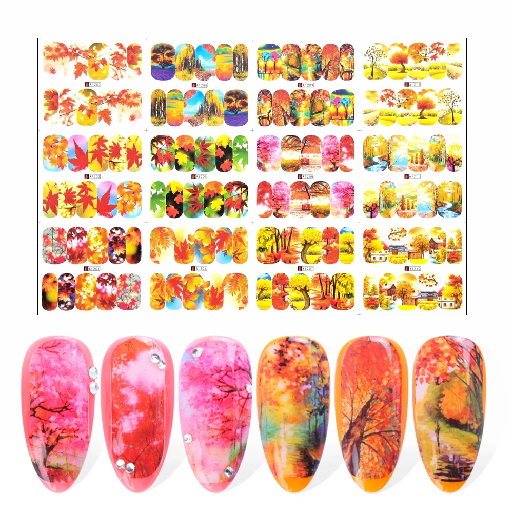 12 шт/лист желтый кленовый лист Nail Art Наклейки переводятся с помощью воды Хэллоуин