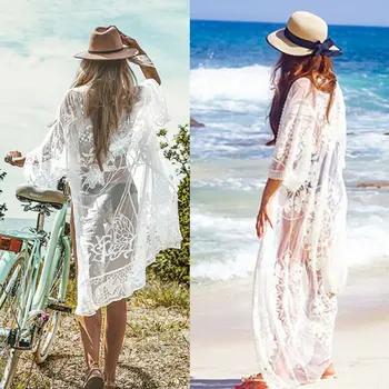 

Womens Sexy Beach Swimwear Bikini Cover Up Lace See Through Kimono Oversize Beach Kimono Cover Long Dress