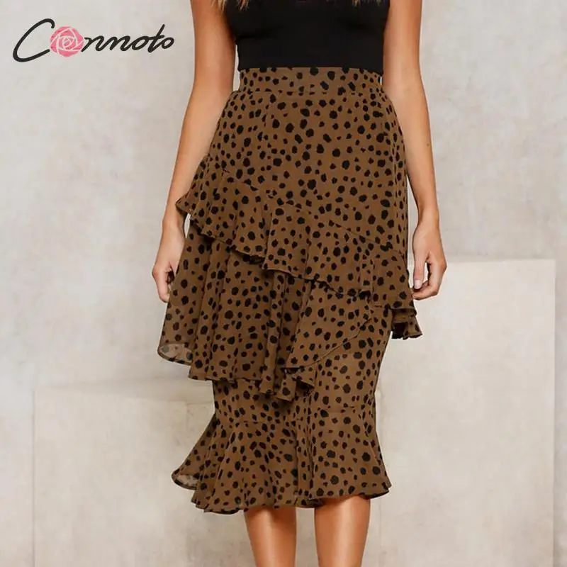Conmoto осень зима Модные леопардовые длинные юбки с рюшами для женщин женские шикарные Асимметричные Длинные юбки женские красивые вечерние юбки