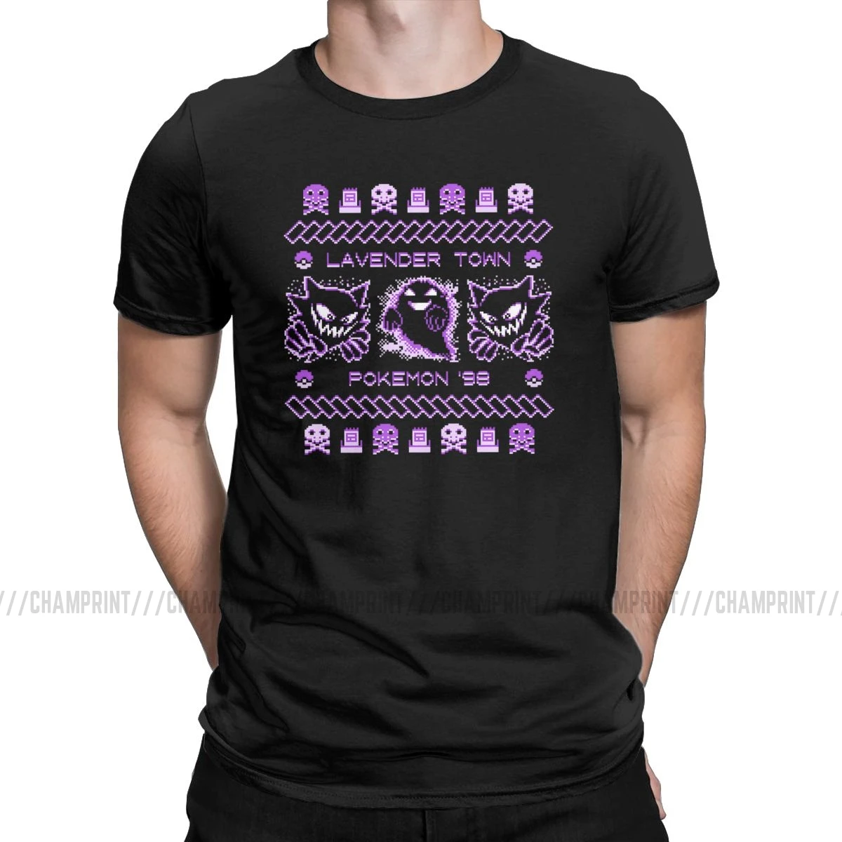Awesome Lavender Town футболки с рождественским узором для мужчин футболка с круглым вырезом Gengar Ghost Kaiju японского стиля футболки с покемонами топы для взрослых - Цвет: Черный