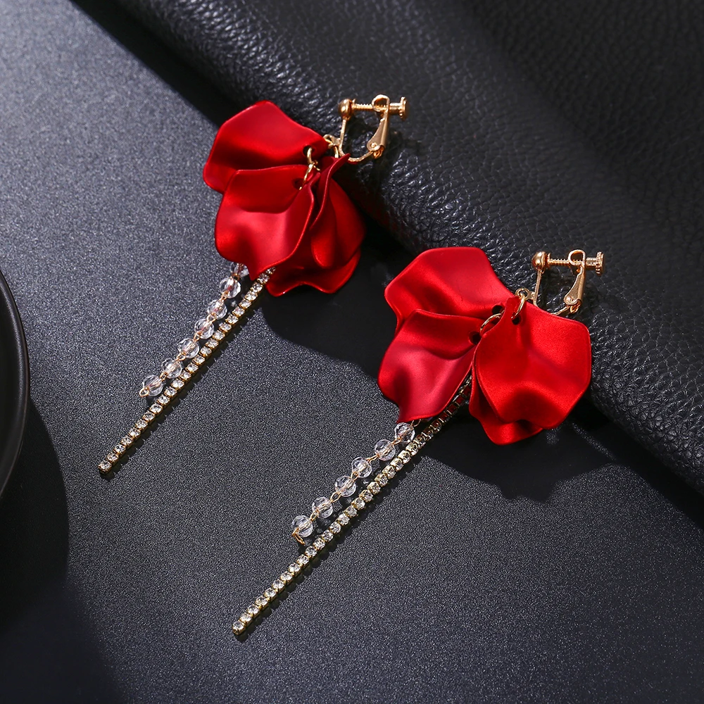 New Design Fashion Statement Red Flower Petal Clip on Earrings for Women New Hot Party Earring for Women Jewelry ear clip earrings clip earrings ear clip ear accessories