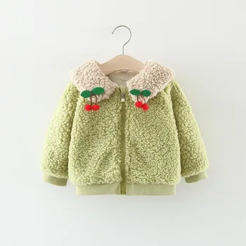 

2019 Winter Baby Girls Fleece Cherry Lapel Collar Thick Warm Jackets Princess Kids Outerwear Coats Zipper Cardigans casaco