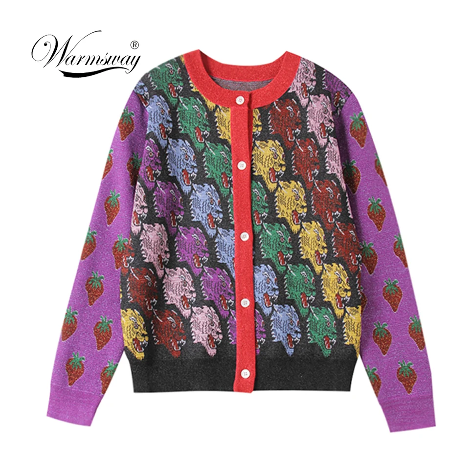 Runway Jacket Cardigan Female 2019 New Vintage Wolf Head Strawberry Pattern Lurex Jersey Knitted Sweater Women Jumper Top C-271