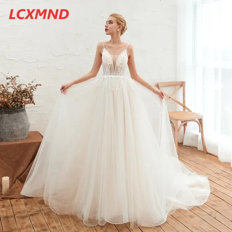 Spaghetti Straps Wedding Dresses 2019 Sweep Train Sexy Open Back Bridal Gowns Vestido De Noiva Illusion V Neck Gown | Свадьбы и