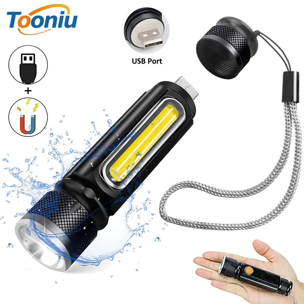 

USB Rechargeable LED Flashlight Camping Light Side light design + Tail magnet design Multi-function Zoomable Torch For camping