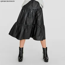 Весенняя мода, высокая талия, корейский стиль, женская кожаная юбка, длина миди, однобортная, дизайнерская, повседневная, черная, плиссированная юбка