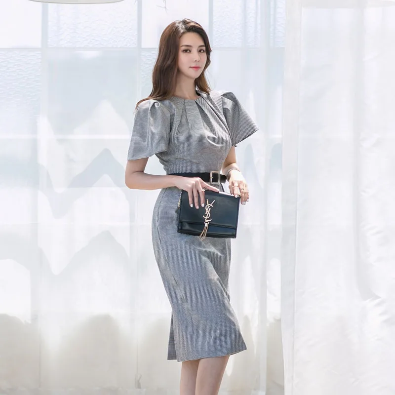 Eleagnt Slim Waist Women plaid Dress O-neck Female Office Ladies Mid-length Vintage Vestidos dresses - Цвет: Серый