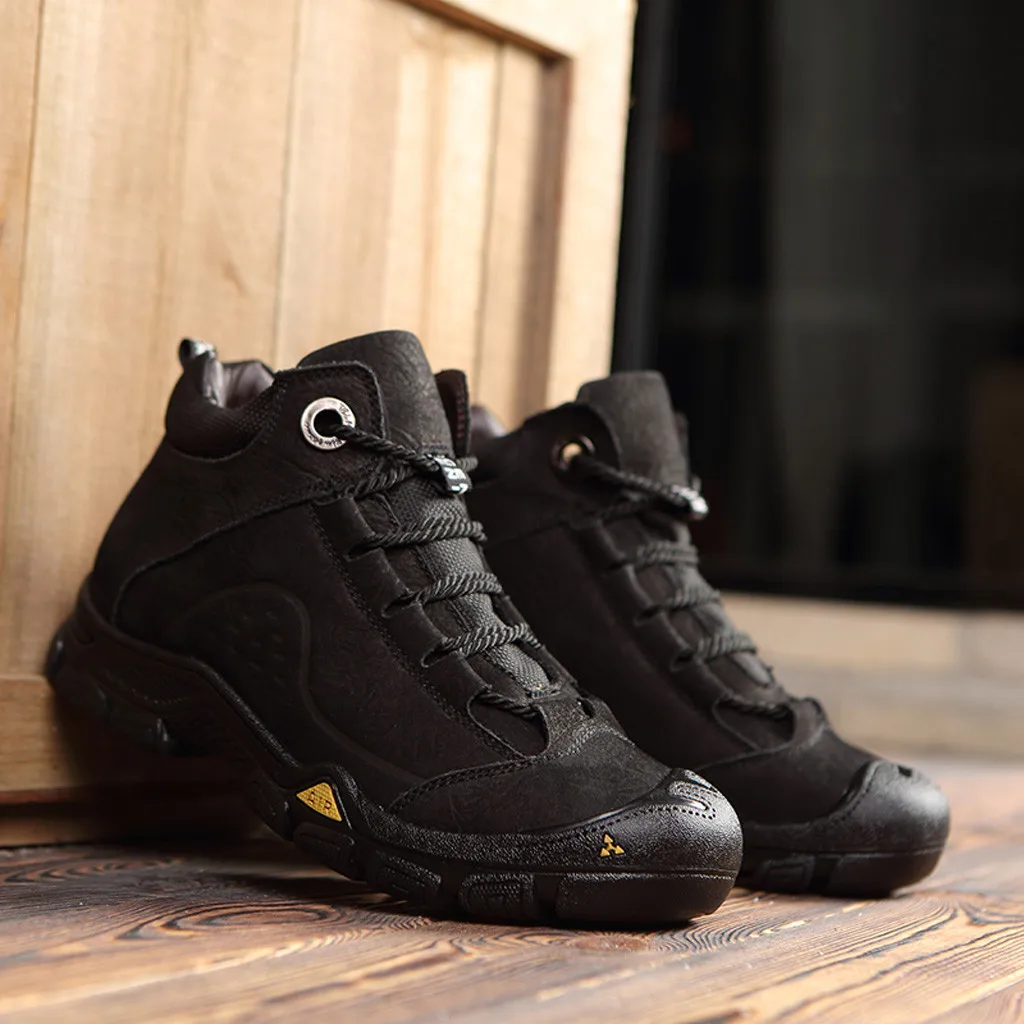 

Round Toe Mountaineering Men's Fleece Boots High Top Sewing Solid Non-slip Casual Sports Boots Winter British Style Shoes