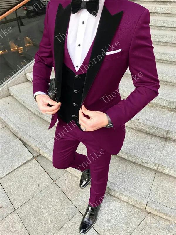 Purple Three Pieces Groom Suit Custom Made Tuxedos For Men Groomsman Bridegroom Wedding Best Man Suits( jacket+Pants+vest - Цвет: Fuchsia