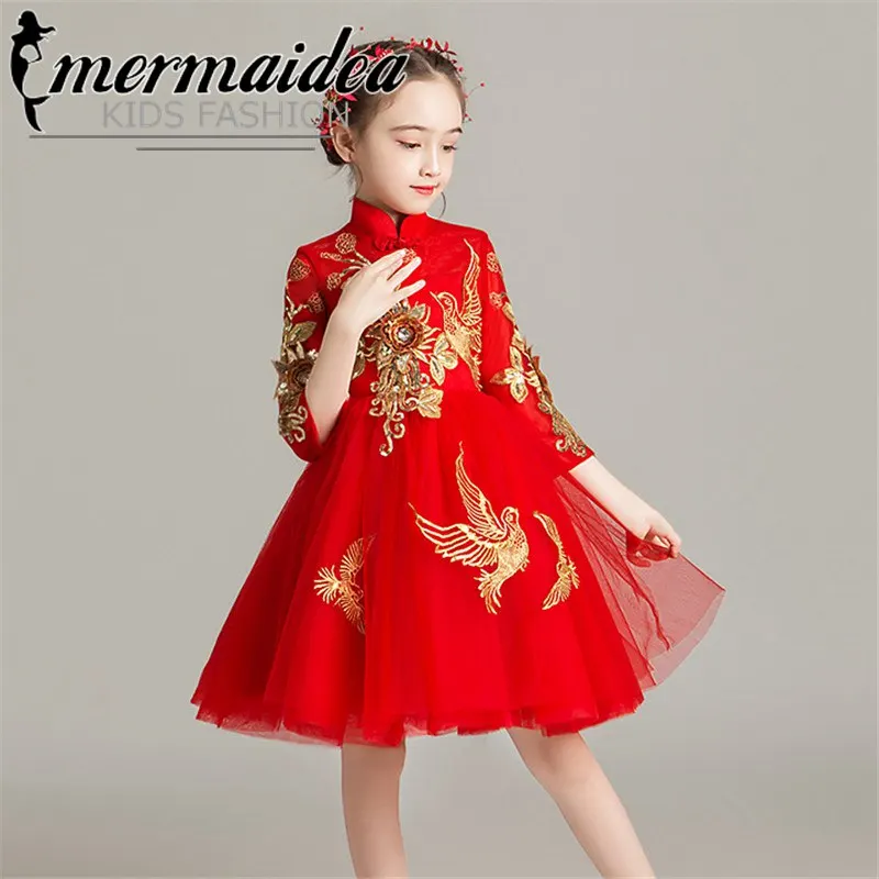 red short dress Элегантное платье принцессы в китайском стиле с воротником-стойкой и вышитыми цветами на год, вечеринку, день рождения, свадьбу, выпускной вечер - Цвет: red short dress