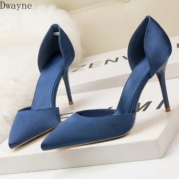 

Korean Fashion Elegant Women's Shoes Temperament High Heels Stiletto Pointed Satin Middle Hollow Single Shoes Party Dress Pumps