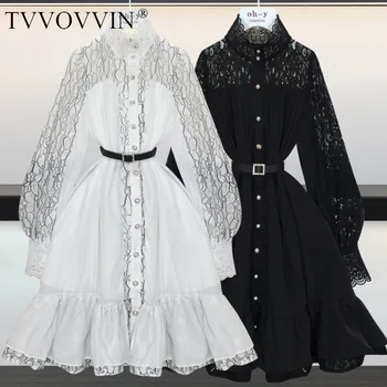 

TVVOVVIN Patchwork Women Dress Lace Lantern Sleeve Ruffle Vintage Dresses Hollow Out Black White Sexy Long Dresses 2020 AHGE