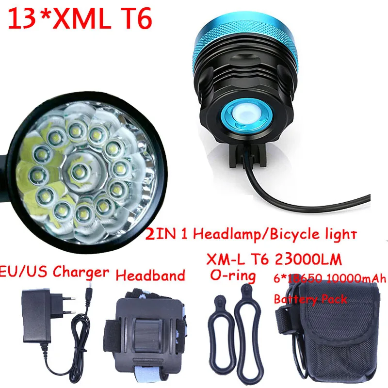 

13t6 2 in 1 Headlamp Headlight Super Bright 13 x XM-L T6 LED Bicycle Light Cycling Bike Head Lamp + 18650 Battery Pack+Charger