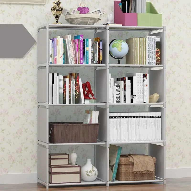 8 Cube Bookcase Grey Book Shelves Iron Tubes Nonwoven Fabrics