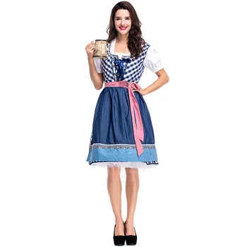 

Women Oktoberfest Costume Bavarian Dirndl Beer Maid Peasant Costume Blue Gingham Skirt Halloween Fancy Dress