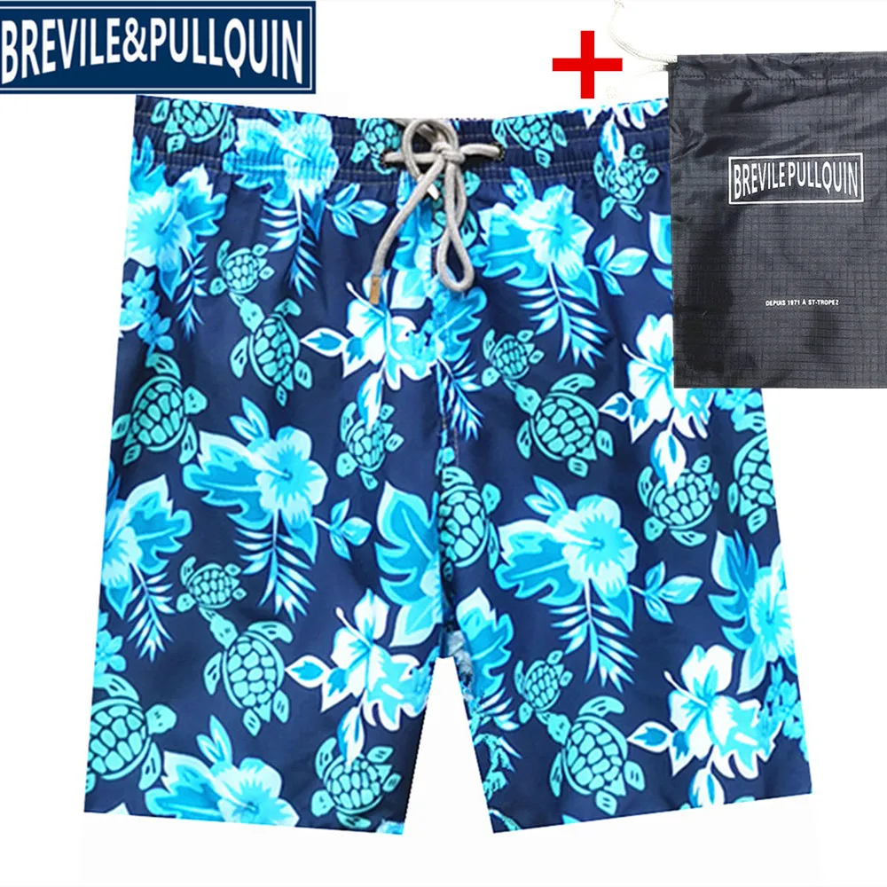 T Купальный костюм для пар,, бермуды, бренд Brevile pullquin, пляжные шорты, мужские купальные костюмы, Черепашки, плавки, быстросохнущие+ сумка в подарок - Цвет: T