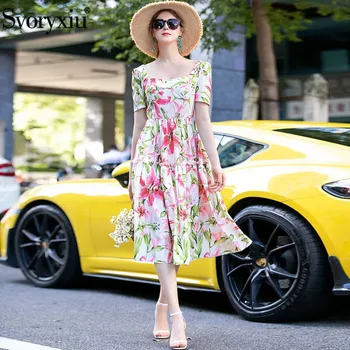 

Svoryxiu Fashion Runway Summer Square Collar Dress Women's Elegant Short Sleeve Lily Flower Print Gorgeous Midi Dresses Vestdios