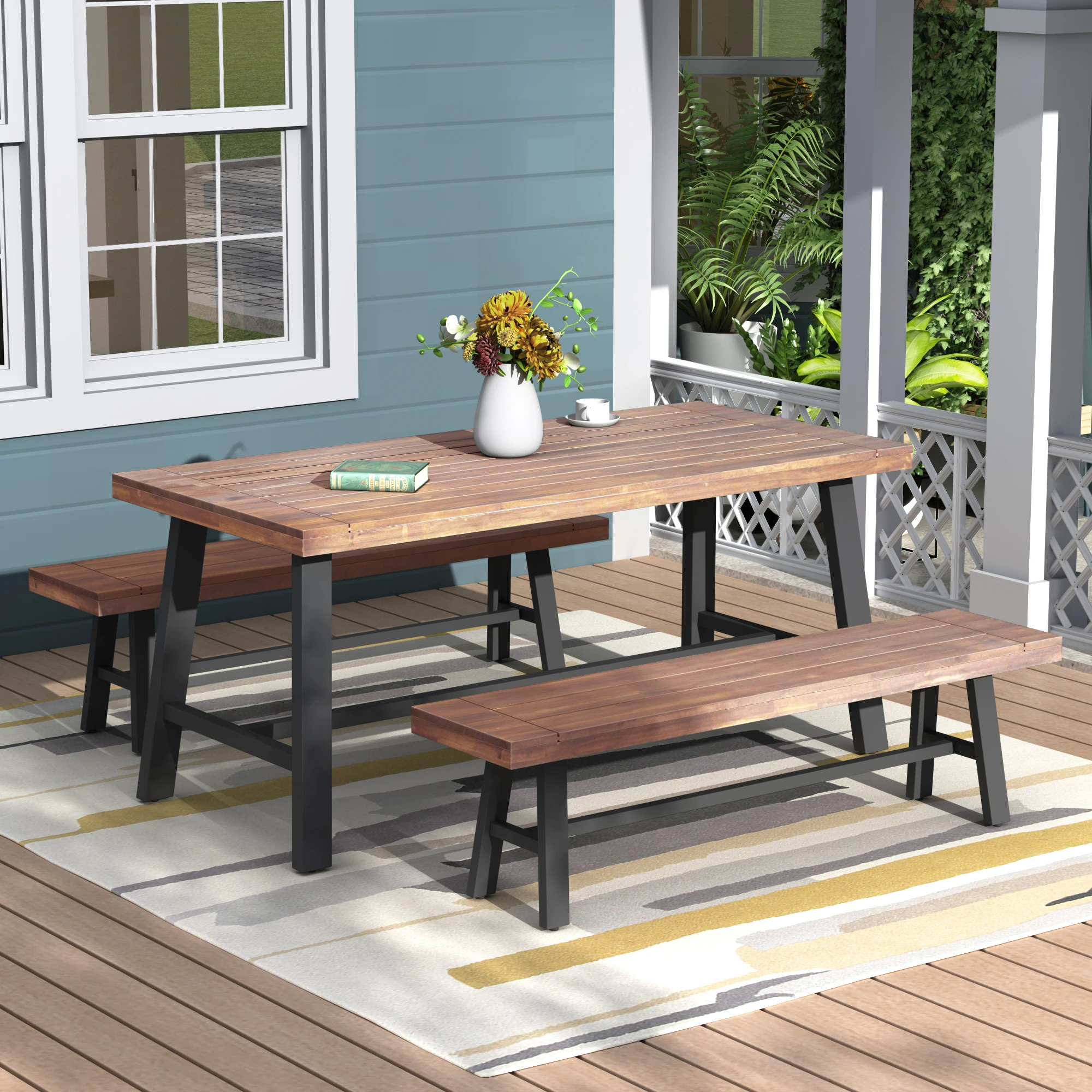 

Patio Set Furniture Table And Bench Set Three Pieces Outdoor Furniture Garden Set Home Furniture Fast Shipping US Warehouse