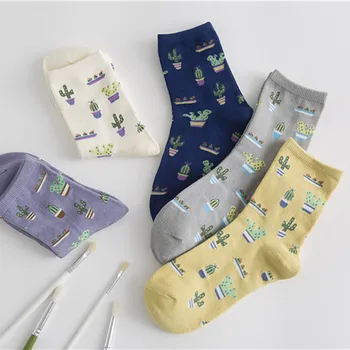 

2019 New Spring Autumn Cute Woman Japanese Socks Casual Cotton Socks Cactus Print Women Creative Printed Socks Female