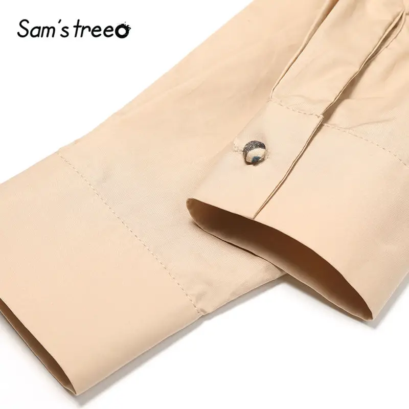 SAM'S TREE/однотонная блузка цвета хаки с рюшами и стоячим воротником для женщин, Осенние повседневные офисные женские топы с длинными рукавами на одной пуговице