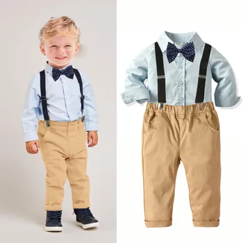 

2019 Baby Gentleman Clothes Set Autumn Boys New Suit Bow Tie Shirt Elastic Bib Trouser Four-piece Suit Boy Spring Outwear Suit