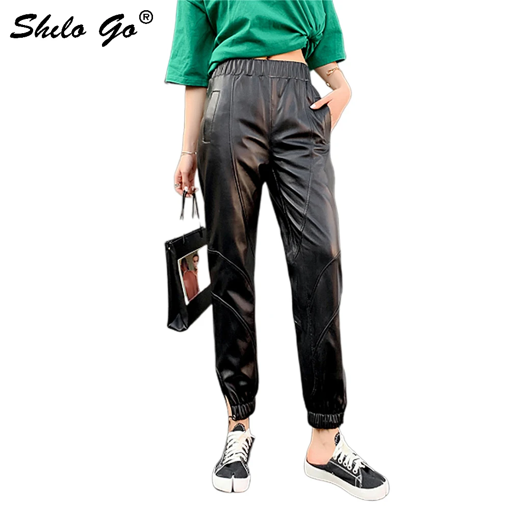 Lederen Broek Zwarte Elastische Taille Solid Loose Tapered Wortel Broek 2020 Herfst Vrouwen Moderne Dame Elegante Tapered/Wortel Lederen Broek Zwarte Elastische Taille Solid Loose Tapered Wortel Broek 2020 Herfst Vrouwen Moderne Dame Elegante Tapered/Wortel