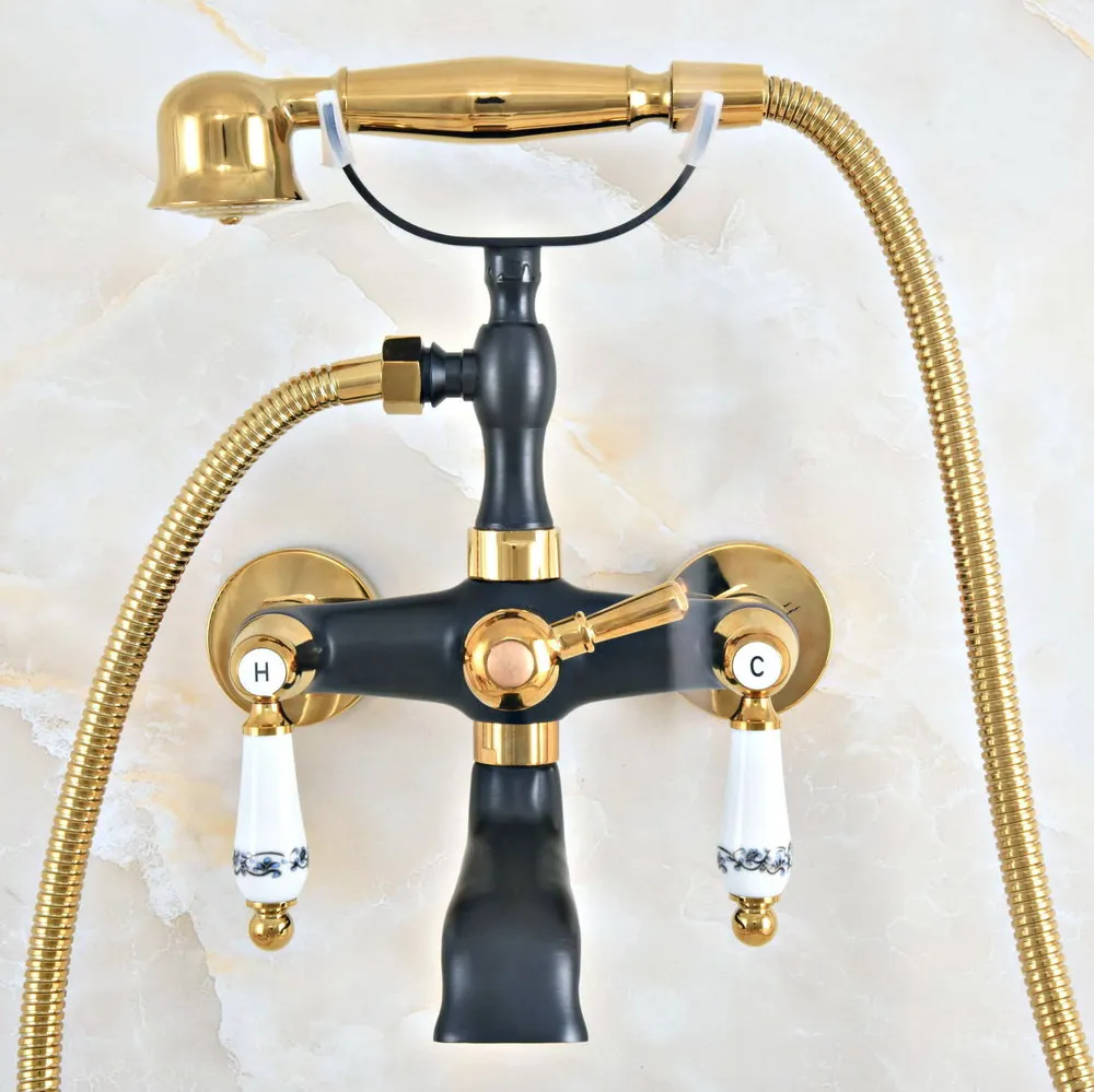 

Black Gold Bathtub Shower Faucets Set Dual Knobs Mixer Tap Wall Mounted Bath Shower Set Swivel Tub Spout zna415